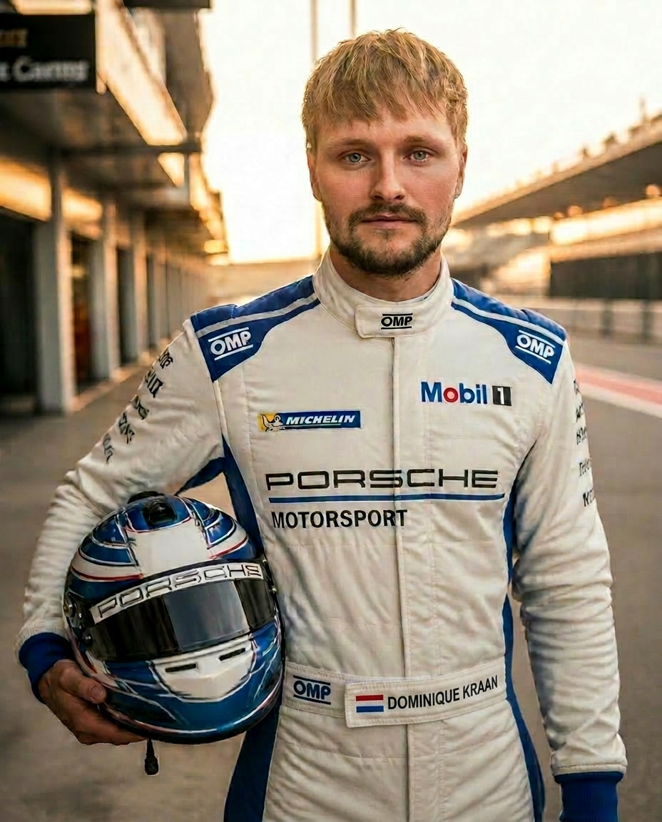 Dominique Kraan in his race suit on the racetrack at sunset