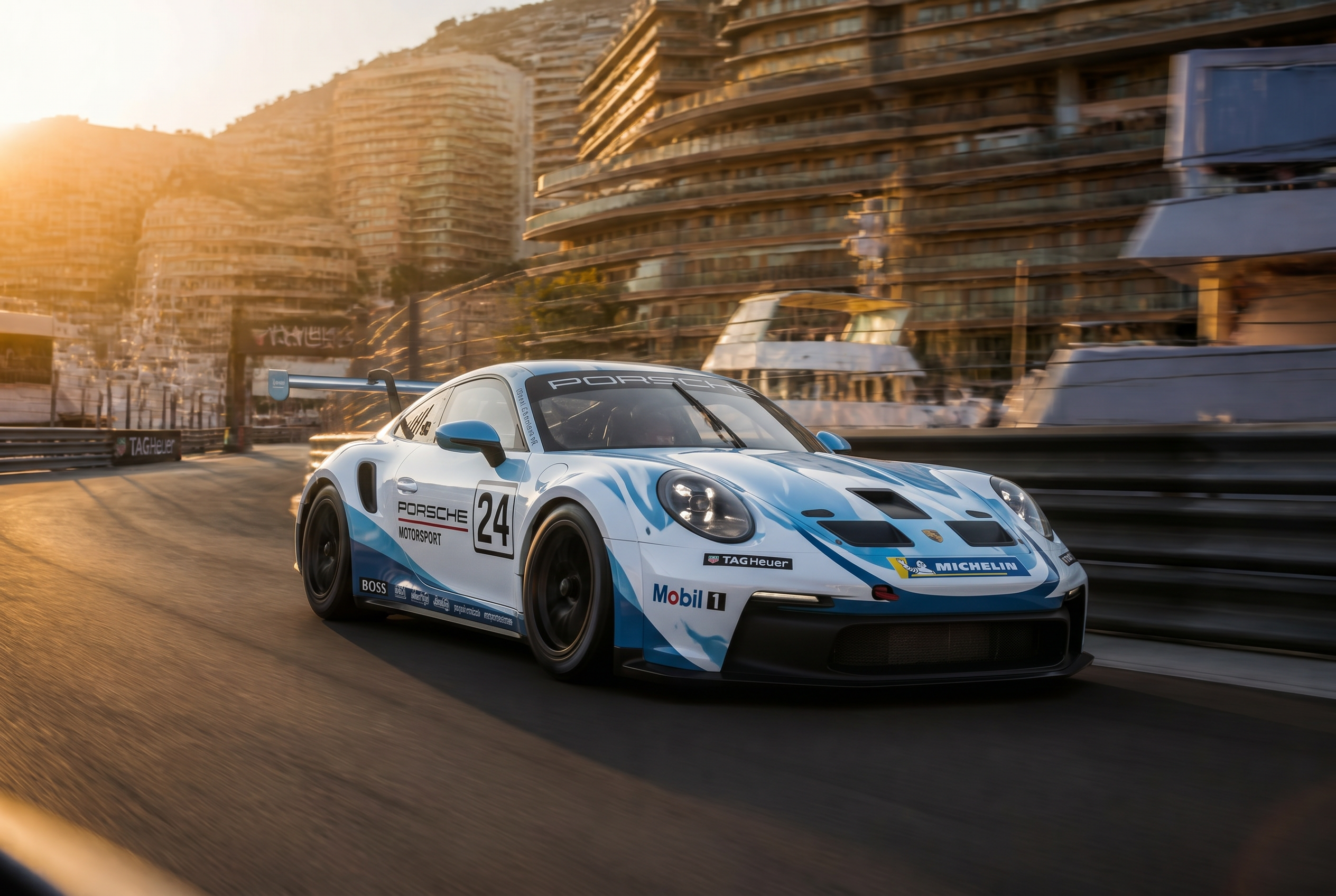Porsche 911 GT3 Cup racing on a Monaco-style street circuit