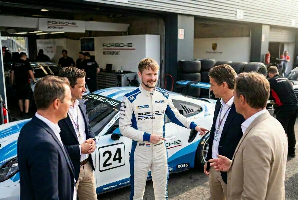 Dominique Kraan briefing guests beside the Porsche 911 GT3 Cup